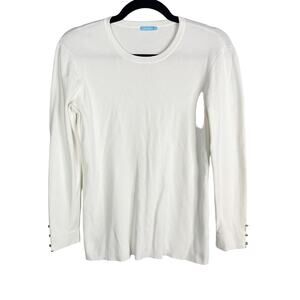 J McLaughlin Medium M White Ribbed Crew Neck Button Cuff Sweater Cotton Modal